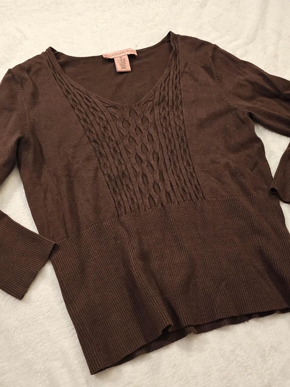 Bandolino Brown V-Neck Cable Front Sweater